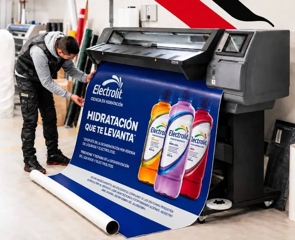 Operario de Movimark revisando una lona publicitaria recién impresa