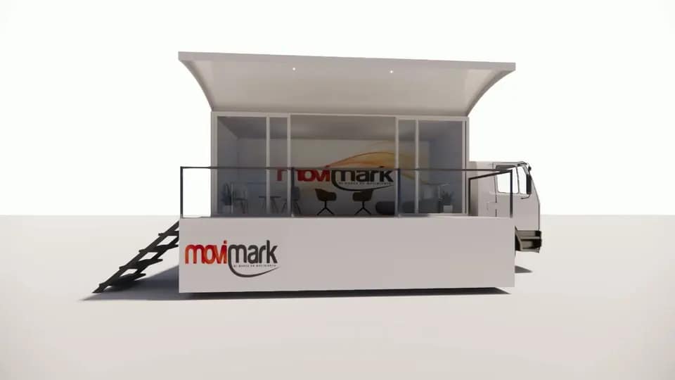 Oficina móvil de Movimark con espacio de atención y escalera de acceso